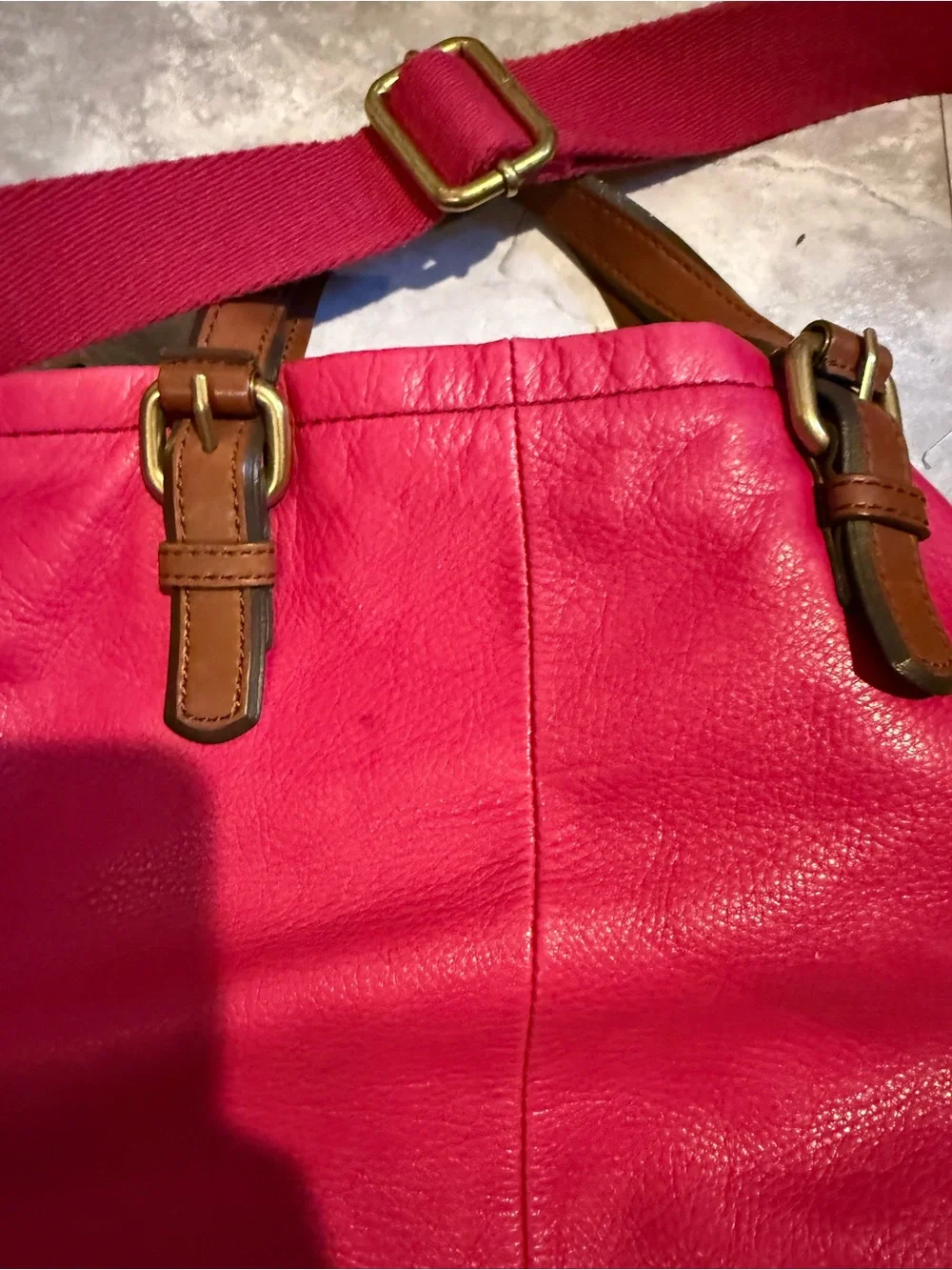 Fossil Hot Pink Leather Tote with Gold Logo